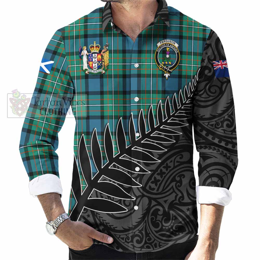 Tartan Vibes Clothing Ferguson (Fergusson) Crest Tartan Long Sleeve Button Shirt with New Zealand Silver Fern Half Style