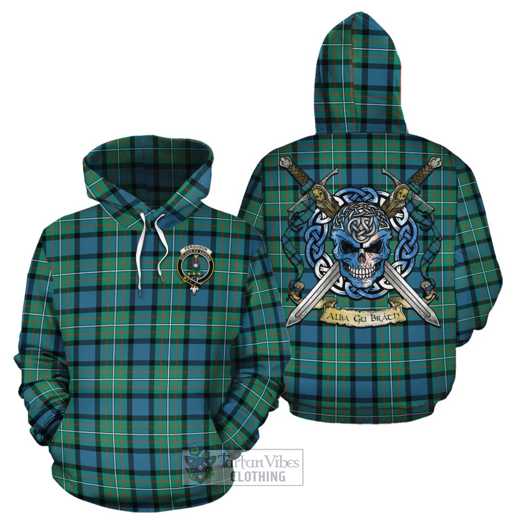 Tartan Vibes Clothing Ferguson (Fergusson) Tartan Cotton Hoodie with Family Crest Celtic Skull Style