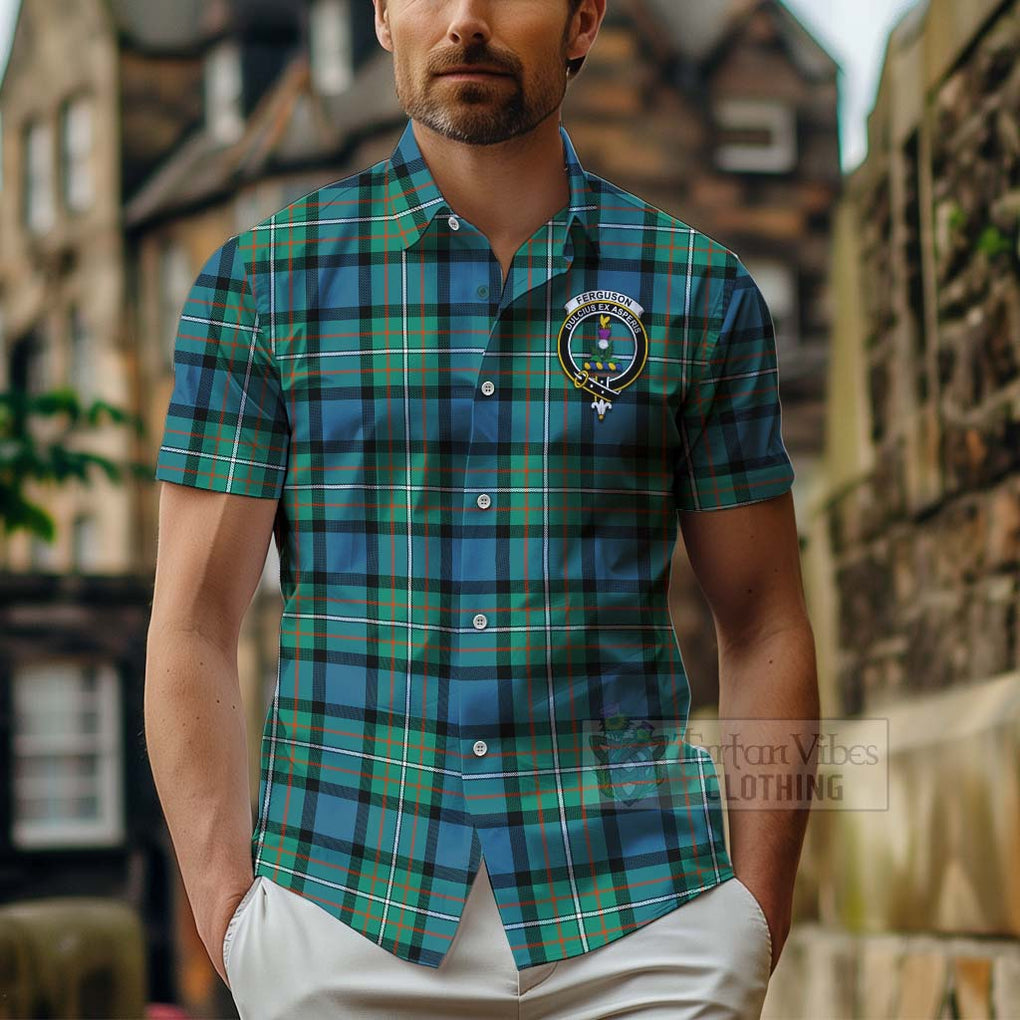 Tartan Vibes Clothing Ferguson (Fergusson) Tartan Short Sleeve Button Shirt with Family Crest Celtic Skull Style