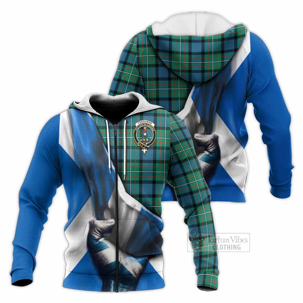 Tartan Vibes Clothing Ferguson (Fergusson) Tartan Knitted Hoodie with Family Crest Scotland Patriotic Style