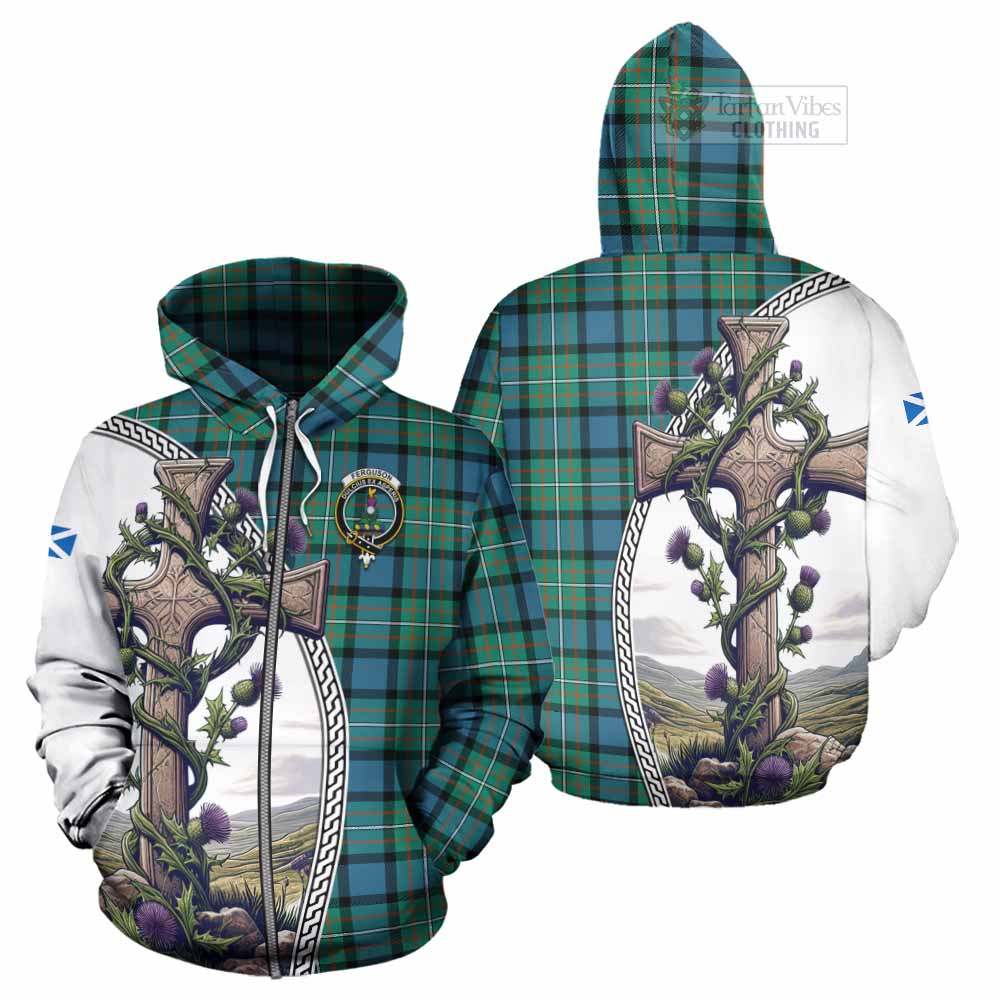 Tartan Vibes Clothing Ferguson (Fergusson) Tartan Hoodie with Family Crest and St. Andrew's Cross Accented by Thistle Vines