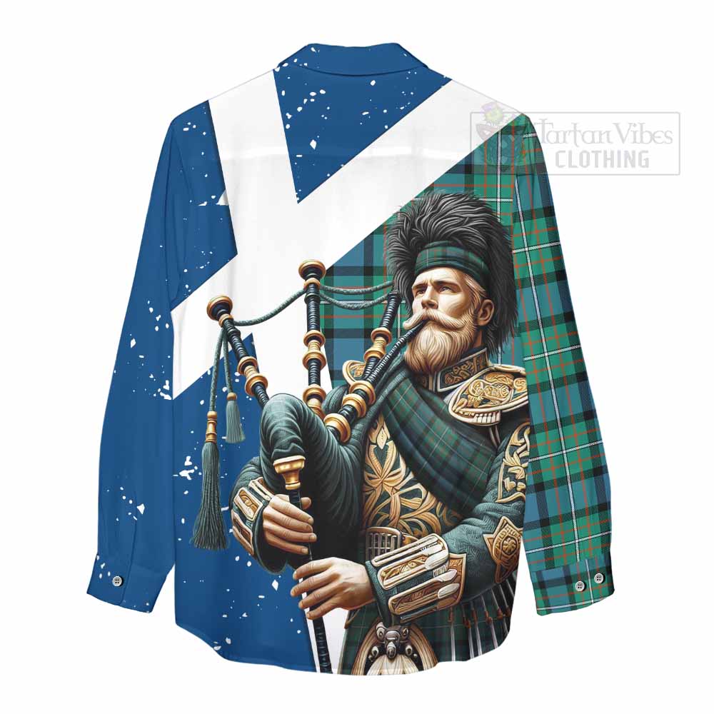 Tartan Vibes Clothing Ferguson (Fergusson) Tartan Women's Casual Shirt with Family Crest Scottish Bagpiper Vibes