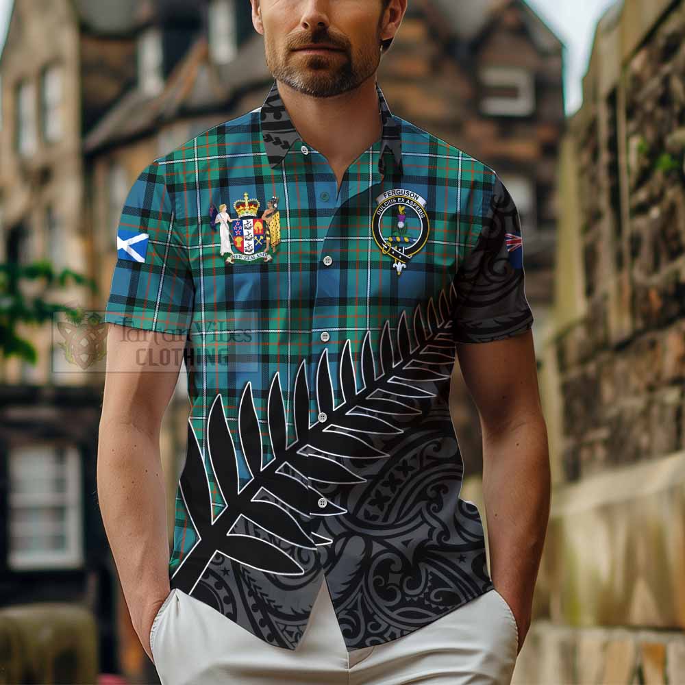 Tartan Vibes Clothing Ferguson (Fergusson) Crest Tartan Short Sleeve Button Shirt with New Zealand Silver Fern Half Style