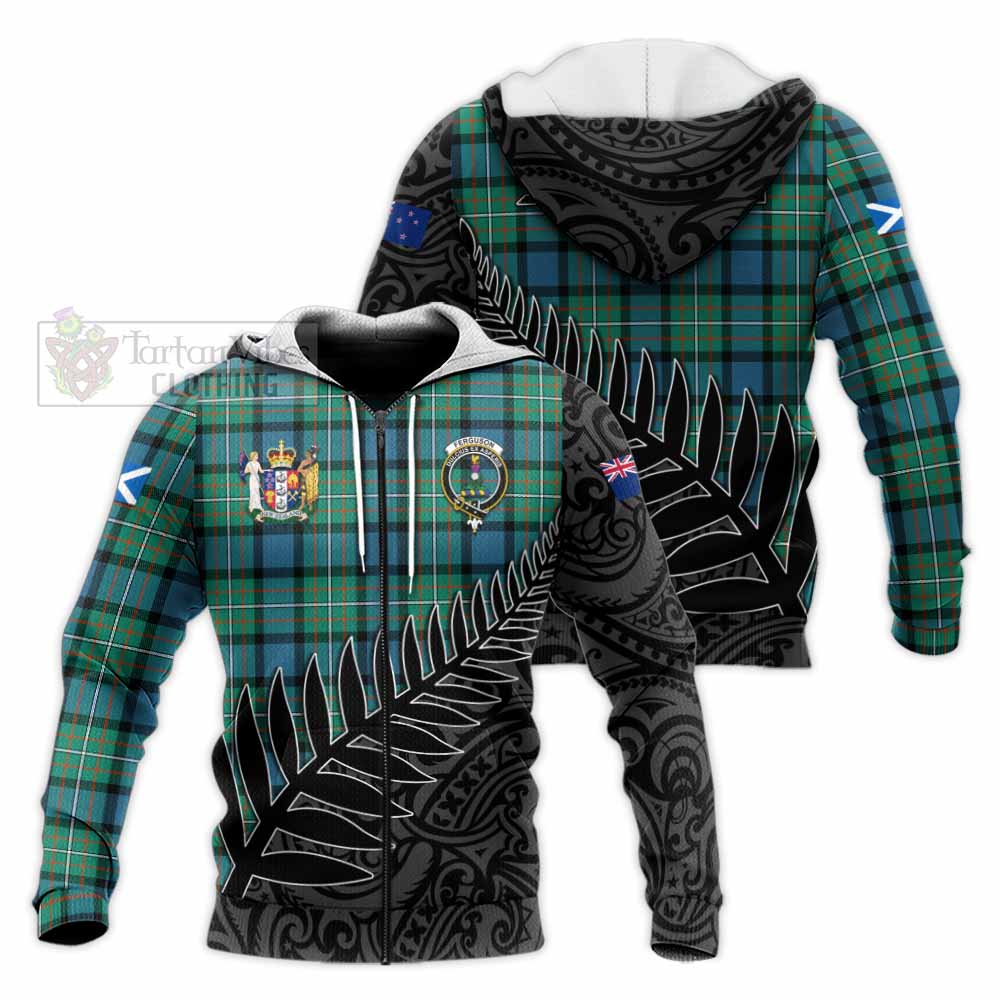 Tartan Vibes Clothing Ferguson (Fergusson) Crest Tartan Knitted Hoodie with New Zealand Silver Fern Half Style