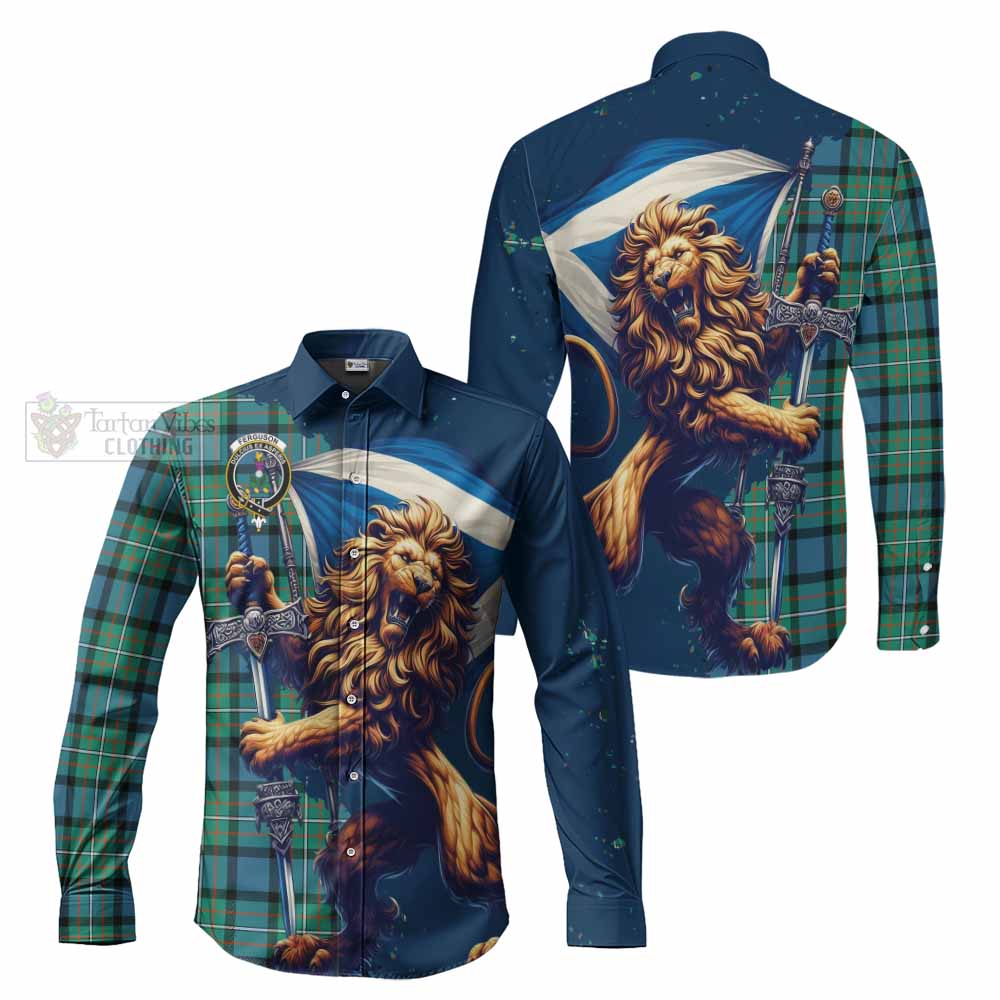 Tartan Vibes Clothing Ferguson (Fergusson) Tartan Family Crest Long Sleeve Button Shirt with Scottish Majestic Lion