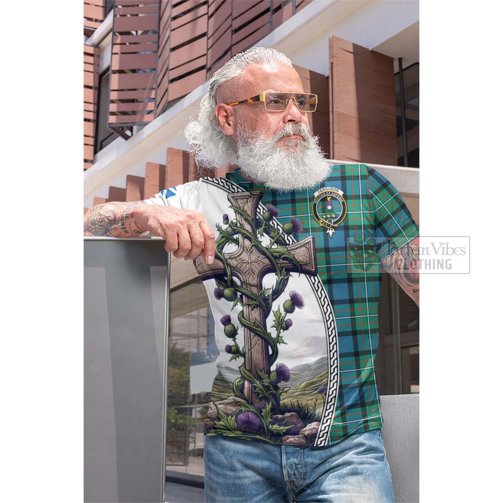 Tartan Vibes Clothing Ferguson (Fergusson) Tartan Cotton T-shirt with Family Crest and St. Andrew's Cross Accented by Thistle Vines