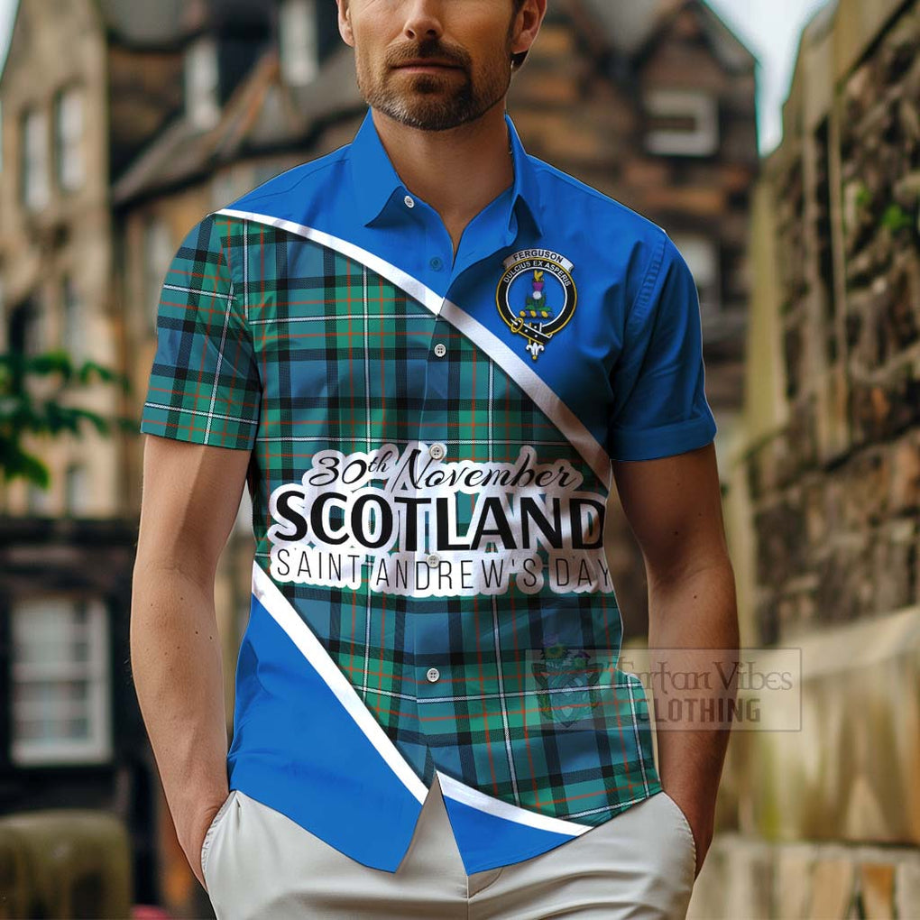 Tartan Vibes Clothing Ferguson (Fergusson) Family Crest Tartan Short Sleeve Button Shirt Celebrate Saint Andrew's Day in Style