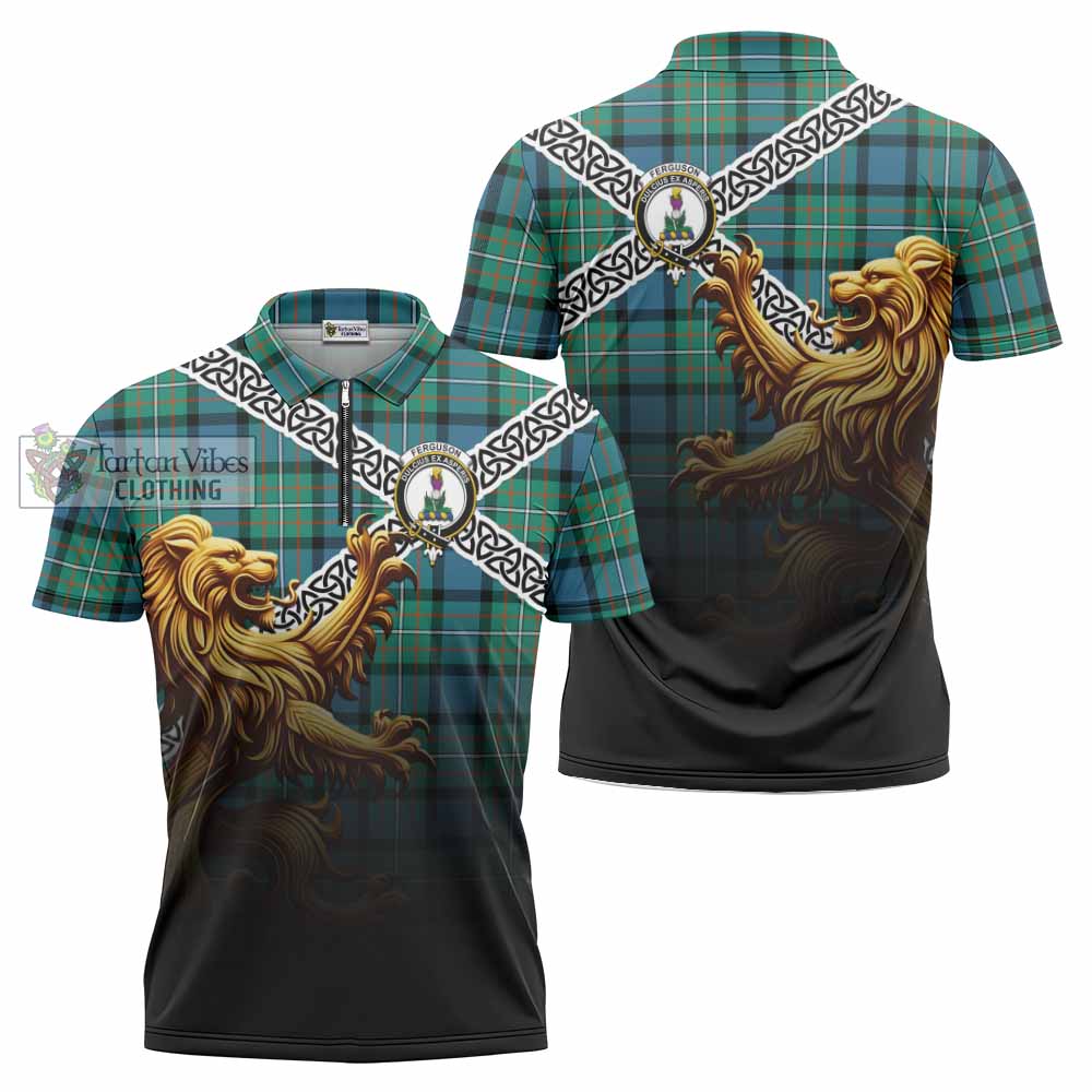 Ferguson (Fergusson) Crest Tartan Zipper Polo Shirt with Golden Lion Emblem Celtic Style - Tartan Vibes Clothing