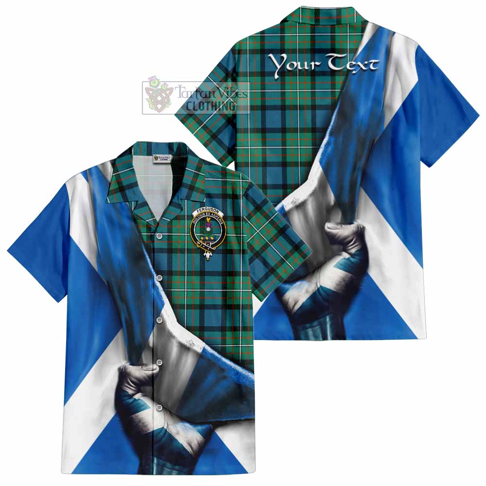 Tartan Vibes Clothing Ferguson (Fergusson) Tartan Short Sleeve Button Shirt with Family Crest Scotland Patriotic Style