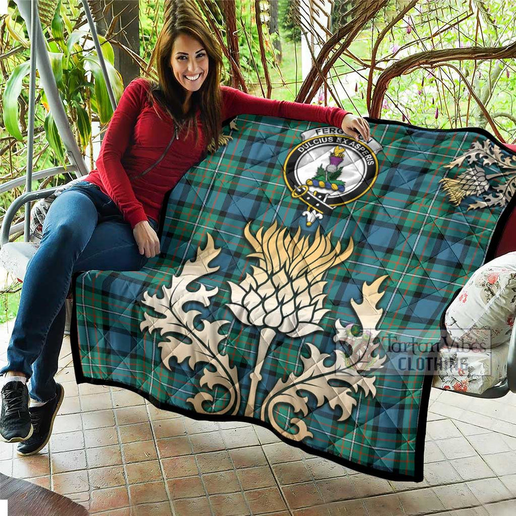 Tartan Vibes Clothing Ferguson (Fergusson) Tartan Quilt with Family Crest and Golden Thistle Style