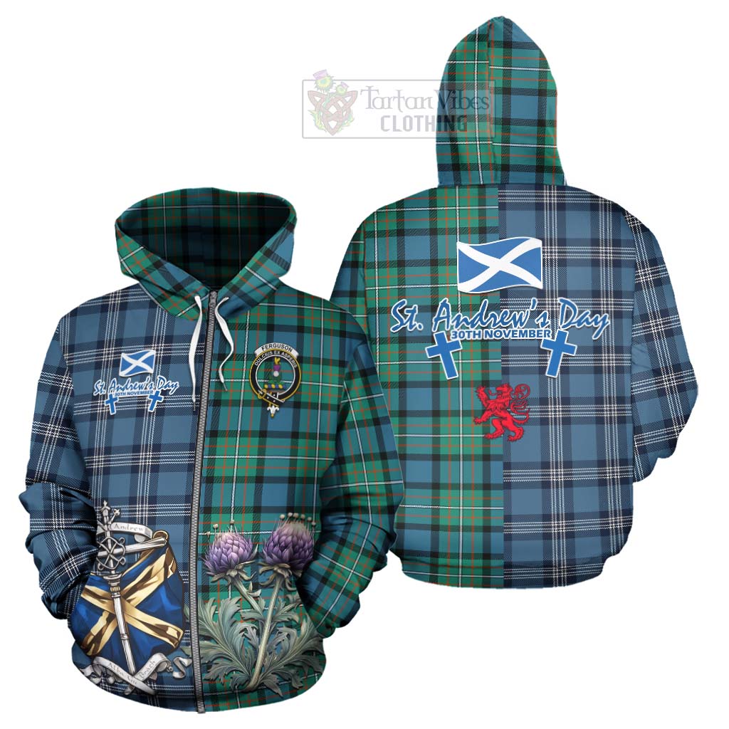 Tartan Vibes Clothing Ferguson (Fergusson) Tartan Hoodie Happy St. Andrew's Day Half Tartan Style