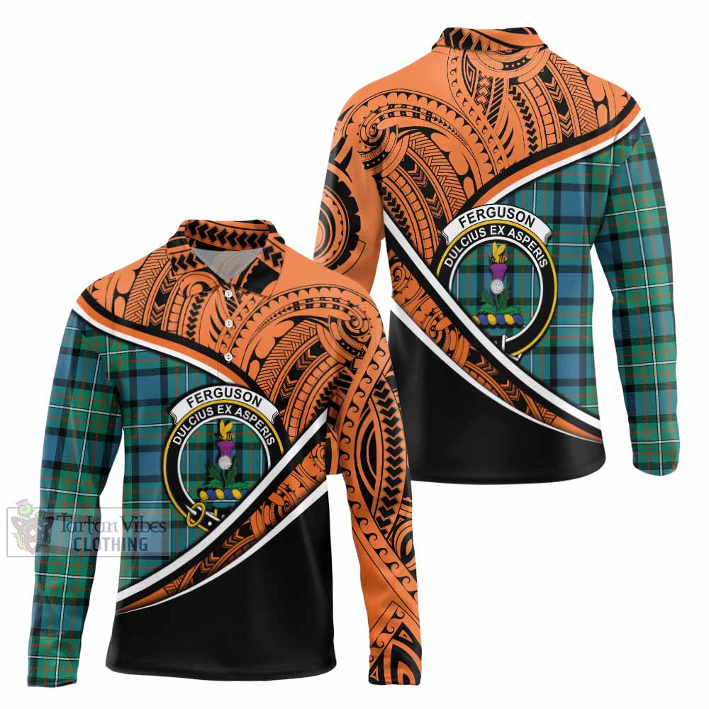 Tartan Vibes Clothing Ferguson (Fergusson) Crest Tartan Long Sleeve Polo Shirt with Maori Tattoo Style - Orange Version