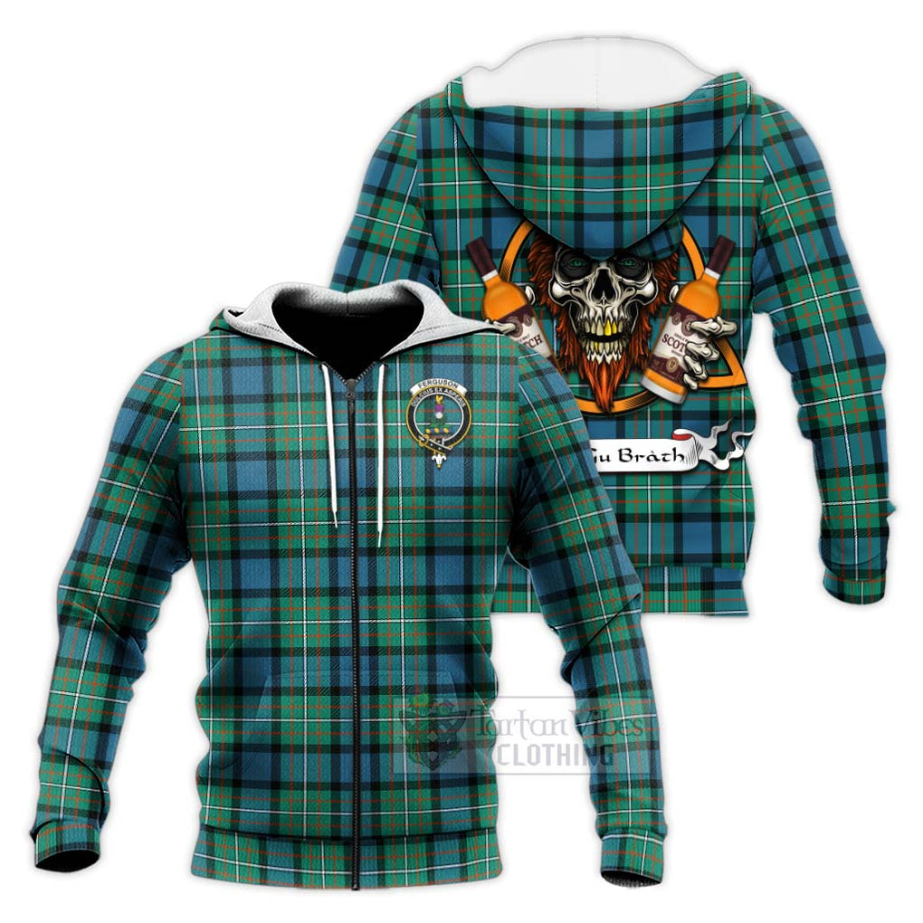 Tartan Vibes Clothing Ferguson (Fergusson) Tartan Knitted Hoodie with Family Crest and Bearded Skull Holding Bottles of Whiskey