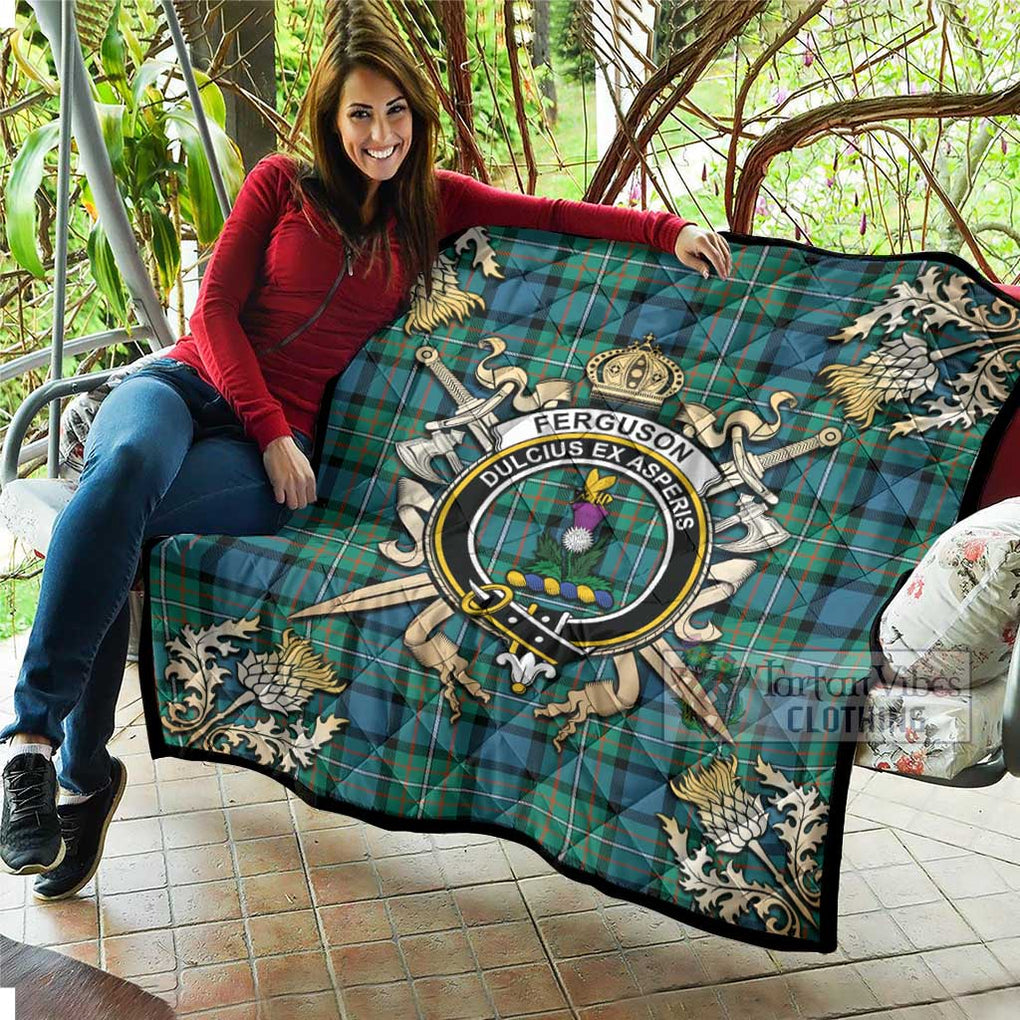 Tartan Vibes Clothing Ferguson (Fergusson) Tartan Quilt with Family Crest and Scottish Golden Courage Shield