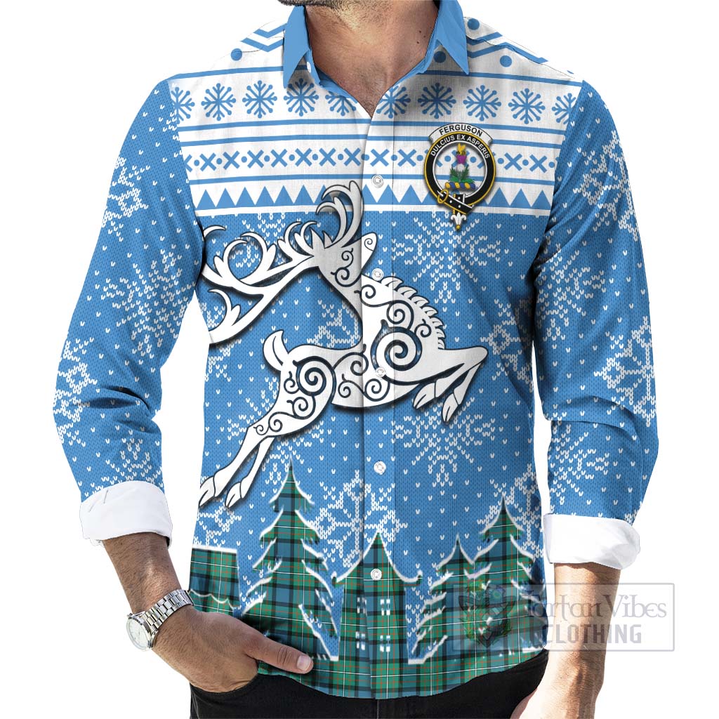 Tartan Vibes Clothing Ferguson (Fergusson) Clan Christmas Long Sleeve Button Shirt Celtic Reindeer Style