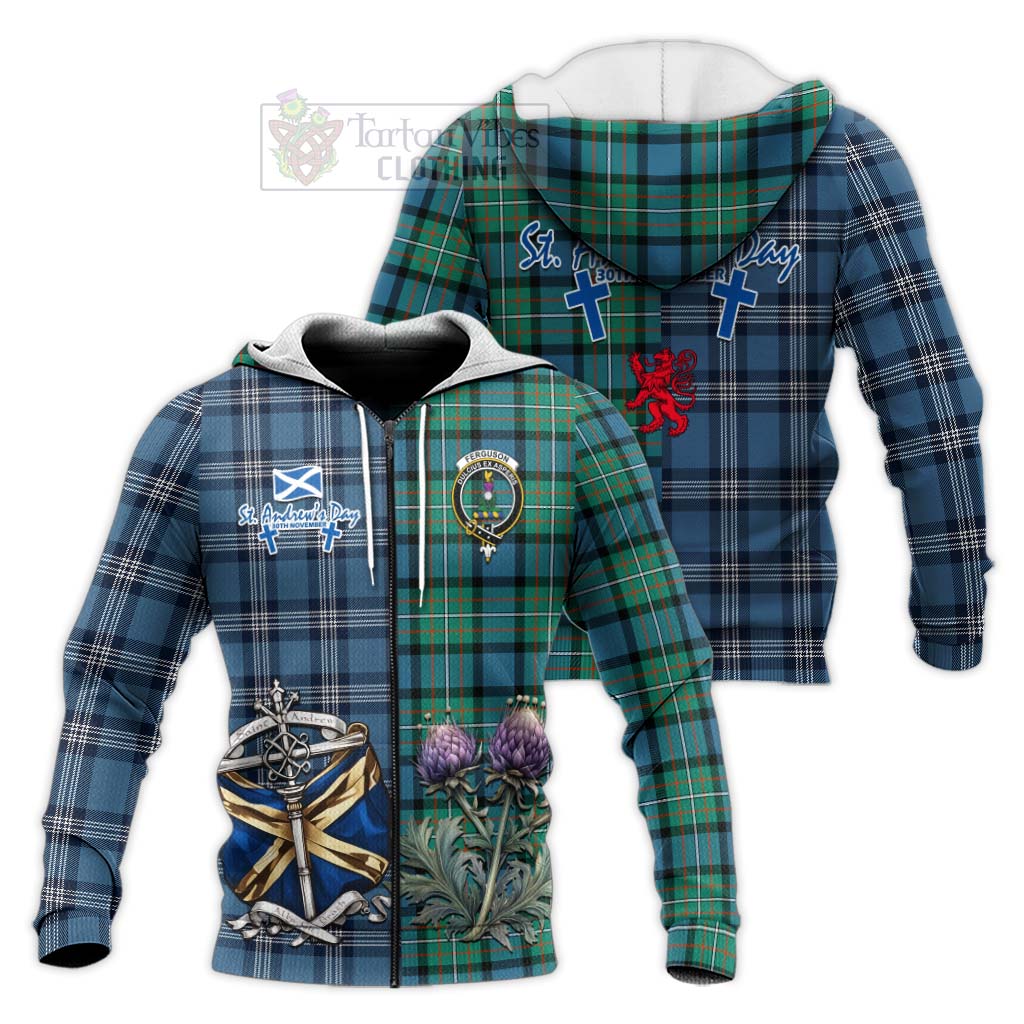 Tartan Vibes Clothing Ferguson (Fergusson) Tartan Knitted Hoodie Happy St. Andrew's Day Half Tartan Style