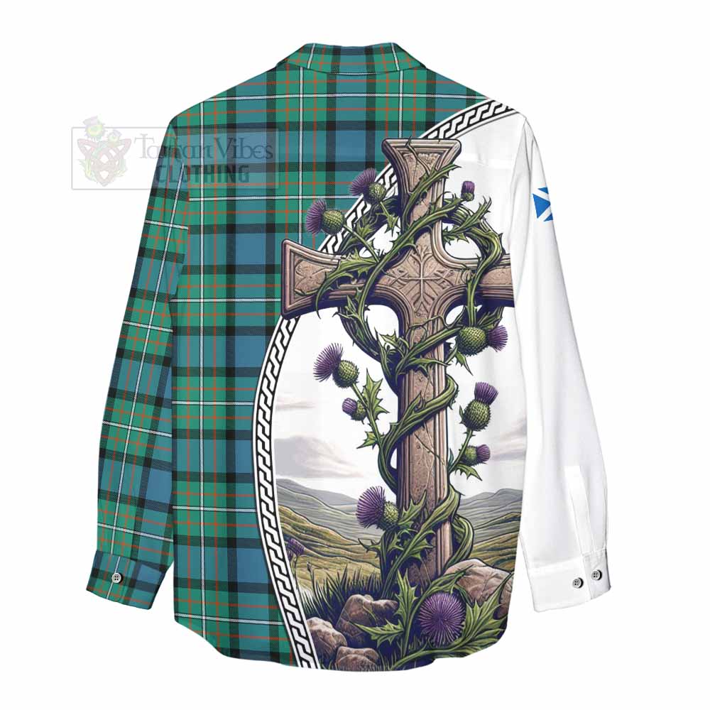 Tartan Vibes Clothing Ferguson (Fergusson) Tartan Women's Casual Shirt with Family Crest and St. Andrew's Cross Accented by Thistle Vines