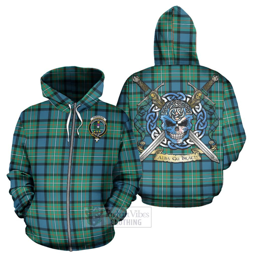 Tartan Vibes Clothing Ferguson (Fergusson) Tartan Hoodie with Family Crest Celtic Skull Style