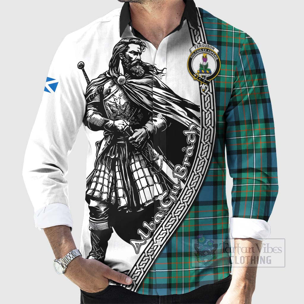 Tartan Vibes Clothing Ferguson (Fergusson) Tartan Clan Crest Long Sleeve Button Shirt with Highlander Warrior Celtic Style