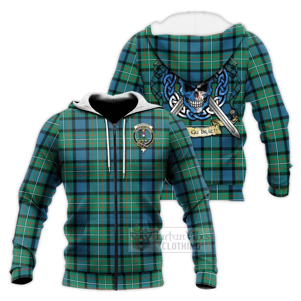 Tartan Vibes Clothing Ferguson (Fergusson) Tartan Knitted Hoodie with Family Crest Celtic Skull Style