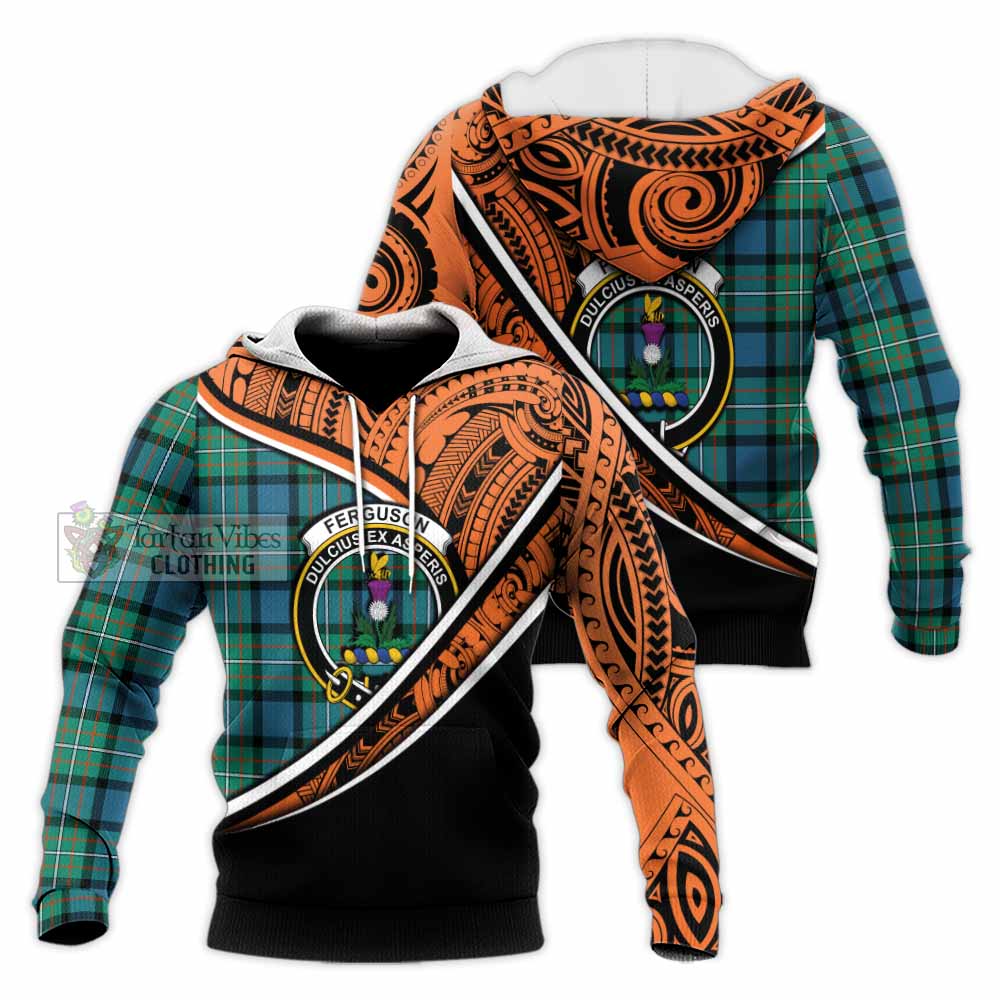 Tartan Vibes Clothing Ferguson (Fergusson) Crest Tartan Knitted Hoodie with Maori Tattoo Style - Orange Version