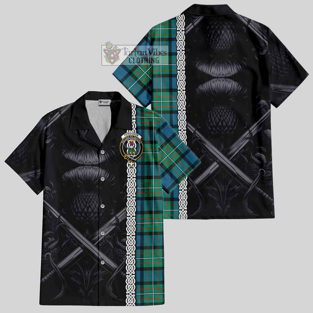 Tartan Vibes Clothing Ferguson (Fergusson) Tartan Short Sleeve Button Shirt with Family Crest Cross Sword Thistle Celtic Vibes