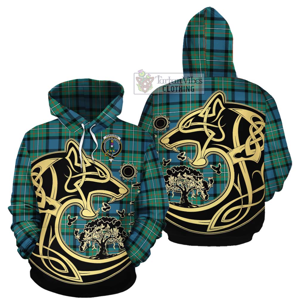 Tartan Vibes Clothing Ferguson (Fergusson) Tartan Cotton Hoodie with Family Crest Celtic Wolf Style