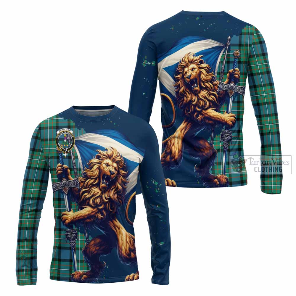 Tartan Vibes Clothing Ferguson (Fergusson) Tartan Family Crest Long Sleeve T-Shirt with Scottish Majestic Lion