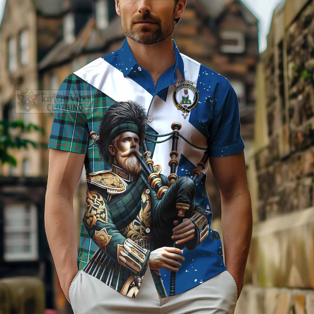 Tartan Vibes Clothing Ferguson (Fergusson) Tartan Short Sleeve Button Shirt with Family Crest Scottish Bagpiper Vibes