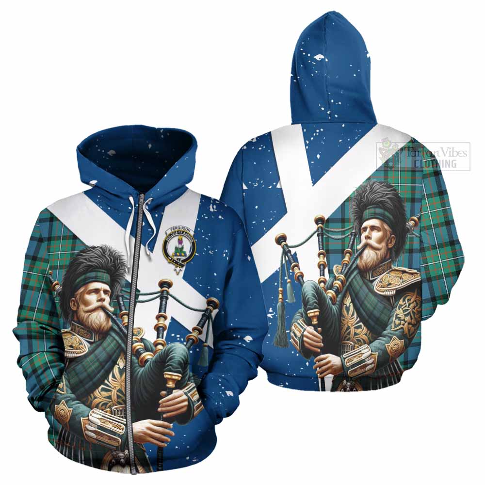 Tartan Vibes Clothing Ferguson (Fergusson) Tartan Hoodie with Family Crest Scottish Bagpiper Vibes