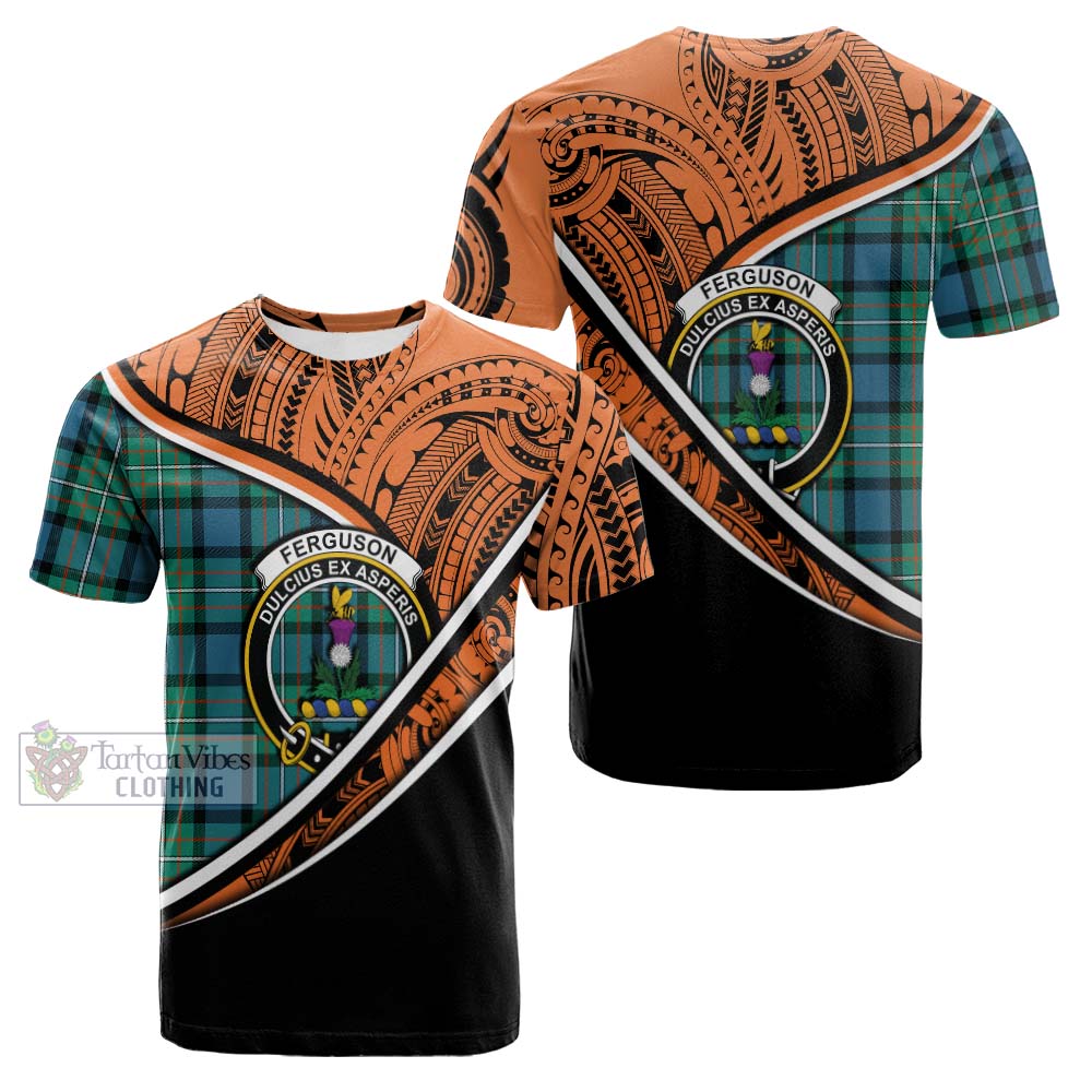 Tartan Vibes Clothing Ferguson (Fergusson) Crest Tartan Cotton T-shirt with Maori Tattoo Style - Orange Version