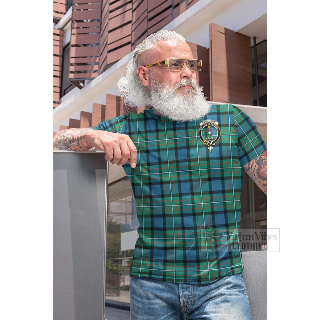 Tartan Vibes Clothing Ferguson (Fergusson) Tartan Cotton T-shirt with Family Crest and Bearded Skull Holding Bottles of Whiskey