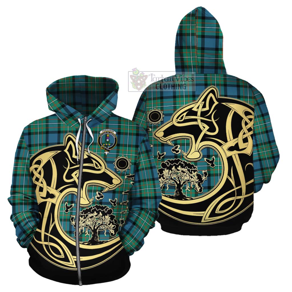 Tartan Vibes Clothing Ferguson (Fergusson) Tartan Cotton Hoodie with Family Crest Celtic Wolf Style