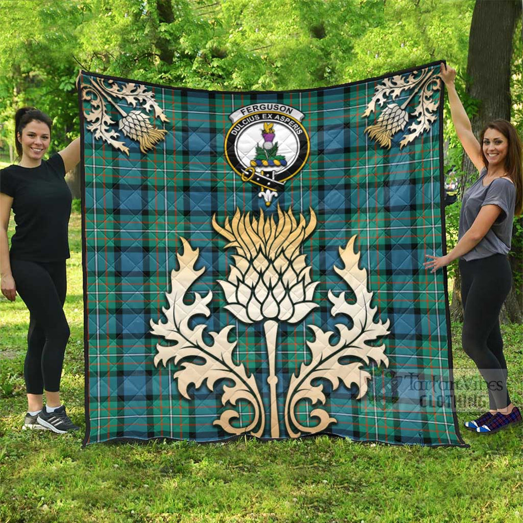 Tartan Vibes Clothing Ferguson (Fergusson) Tartan Quilt with Family Crest and Golden Thistle Style