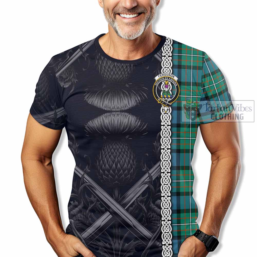 Tartan Vibes Clothing Ferguson (Fergusson) Tartan T-Shirt with Family Crest Cross Sword Thistle Celtic Vibes