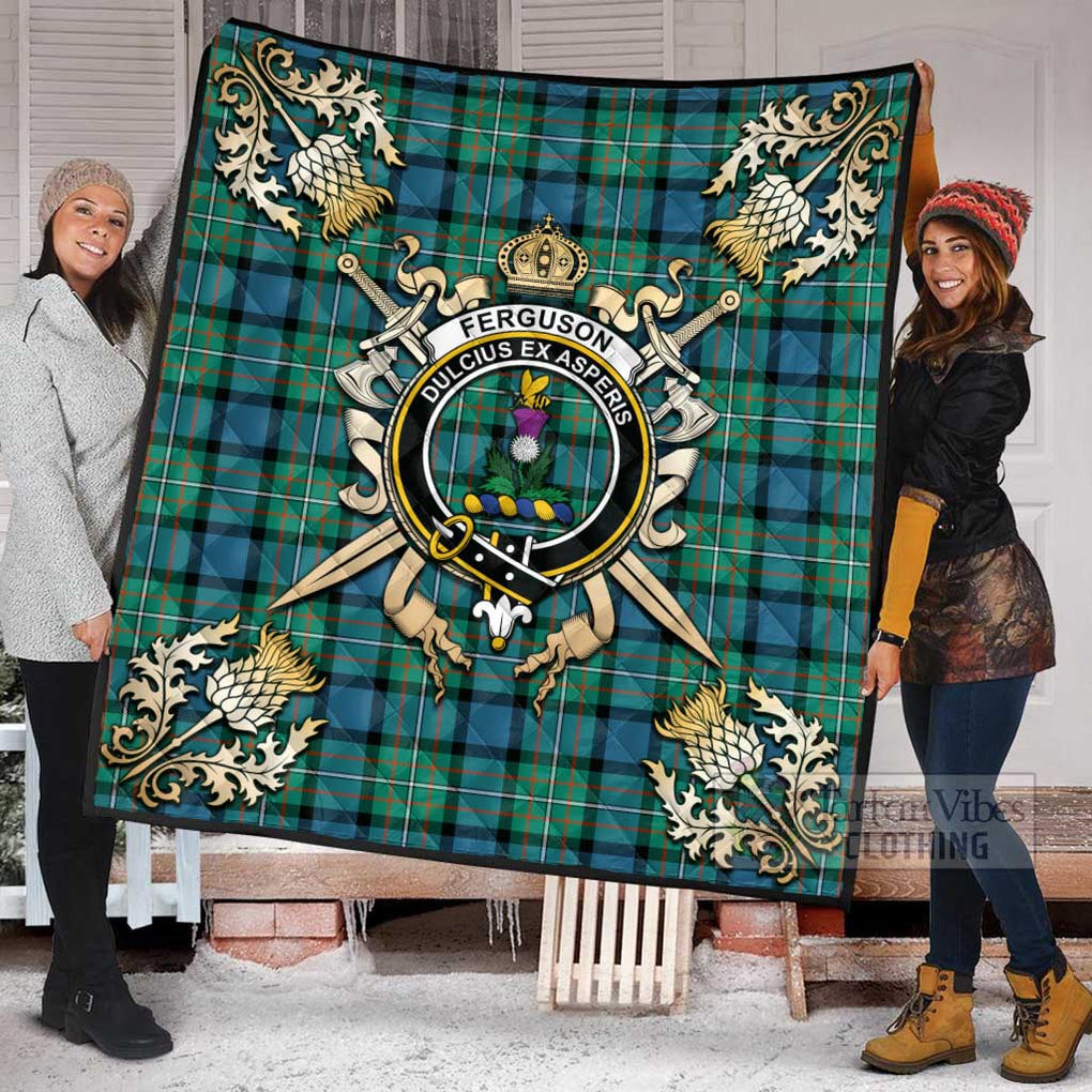 Tartan Vibes Clothing Ferguson (Fergusson) Tartan Quilt with Family Crest and Scottish Golden Courage Shield