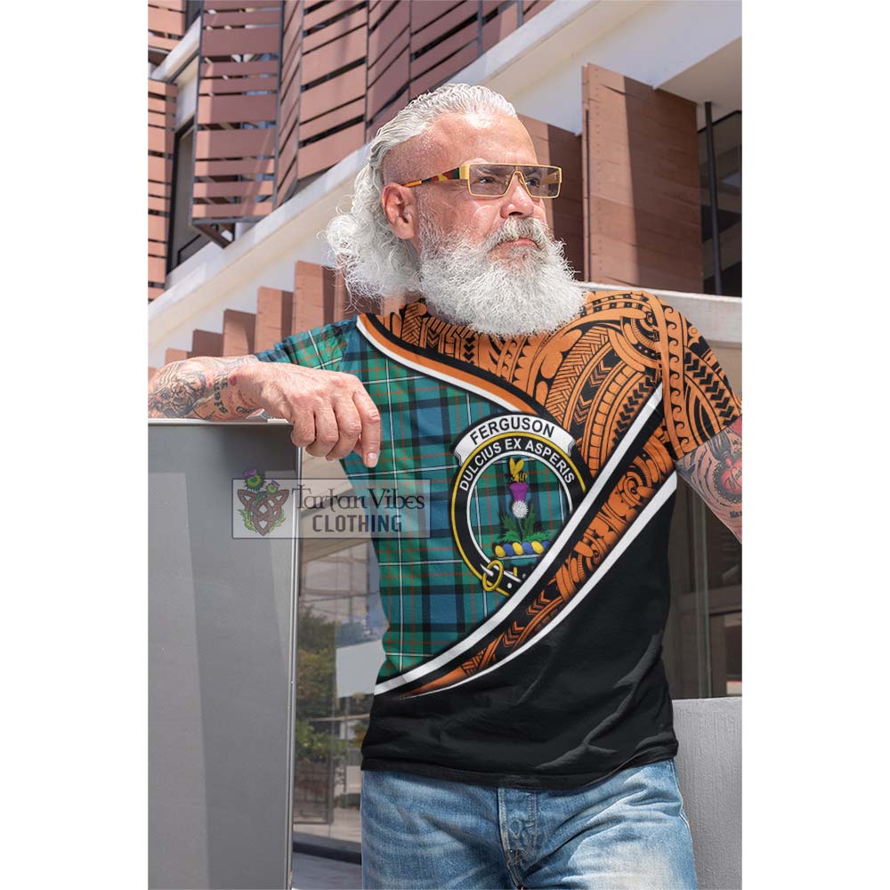 Tartan Vibes Clothing Ferguson (Fergusson) Crest Tartan Cotton T-shirt with Maori Tattoo Style - Orange Version