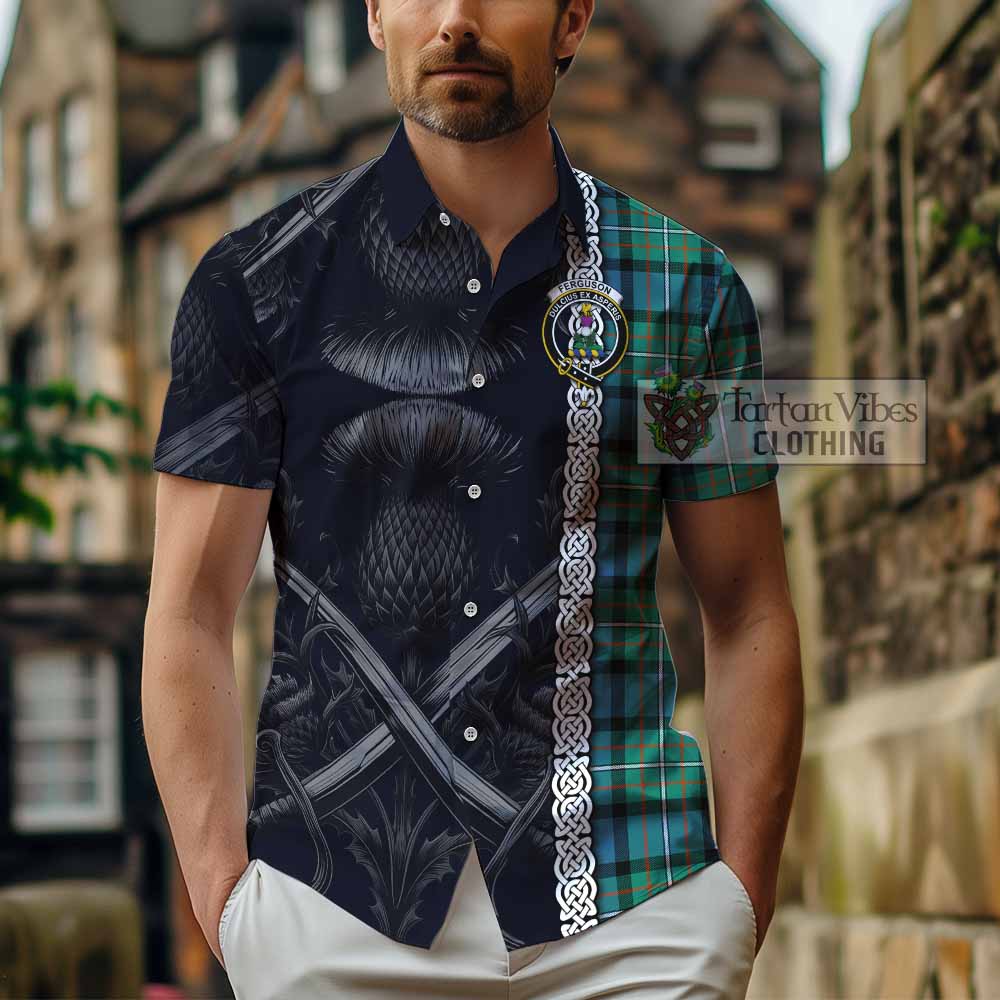 Tartan Vibes Clothing Ferguson (Fergusson) Tartan Short Sleeve Button Shirt with Family Crest Cross Sword Thistle Celtic Vibes