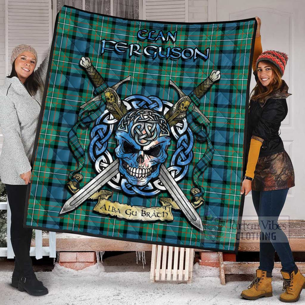 Tartan Vibes Clothing Ferguson (Fergusson) Tartan Quilt with Celtic Skull Alba Gu Brath Style