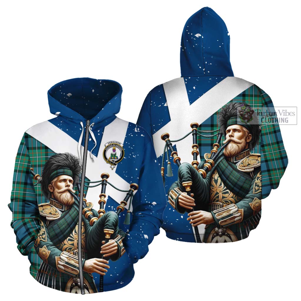 Tartan Vibes Clothing Ferguson (Fergusson) Tartan Cotton Hoodie with Family Crest Scottish Bagpiper Vibes