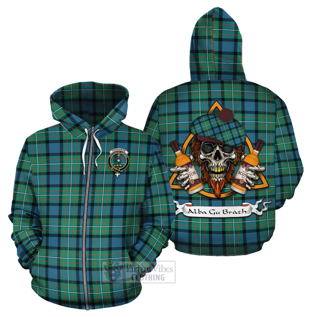 Tartan Vibes Clothing Ferguson (Fergusson) Tartan Cotton Hoodie with Family Crest and Bearded Skull Holding Bottles of Whiskey