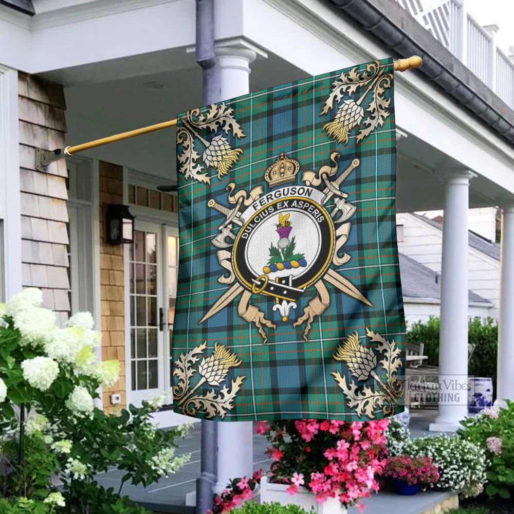 Tartan Vibes Clothing Ferguson (Fergusson) Tartan Flag with Family Crest and Golden Thistle Crossed Sword Design