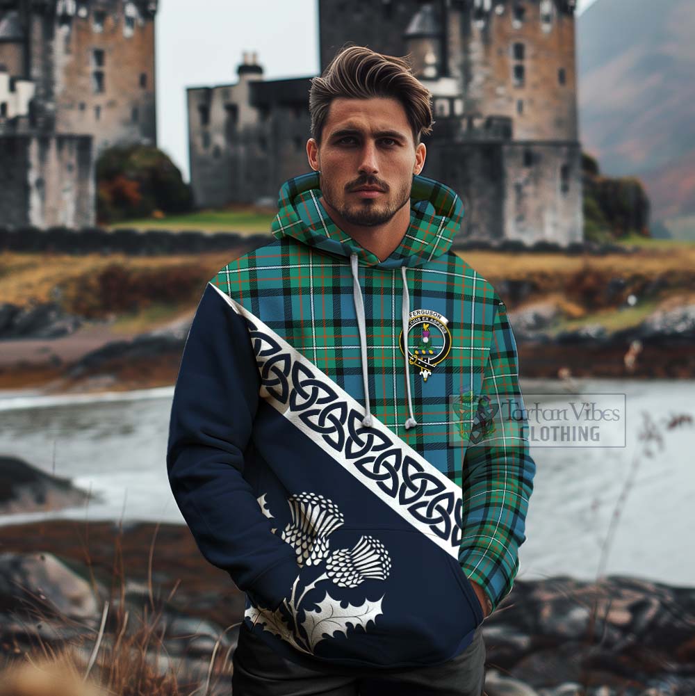 Tartan Vibes Clothing Ferguson (Fergusson) Tartan Cotton Hoodie Featuring Thistle and Scotland Map