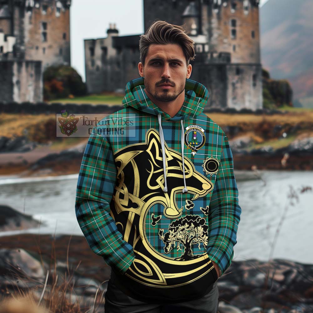 Tartan Vibes Clothing Ferguson (Fergusson) Tartan Cotton Hoodie with Family Crest Celtic Wolf Style