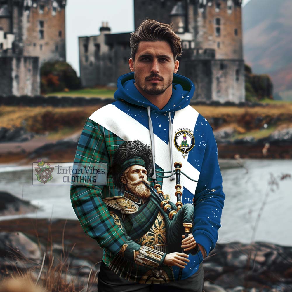 Tartan Vibes Clothing Ferguson (Fergusson) Tartan Cotton Hoodie with Family Crest Scottish Bagpiper Vibes