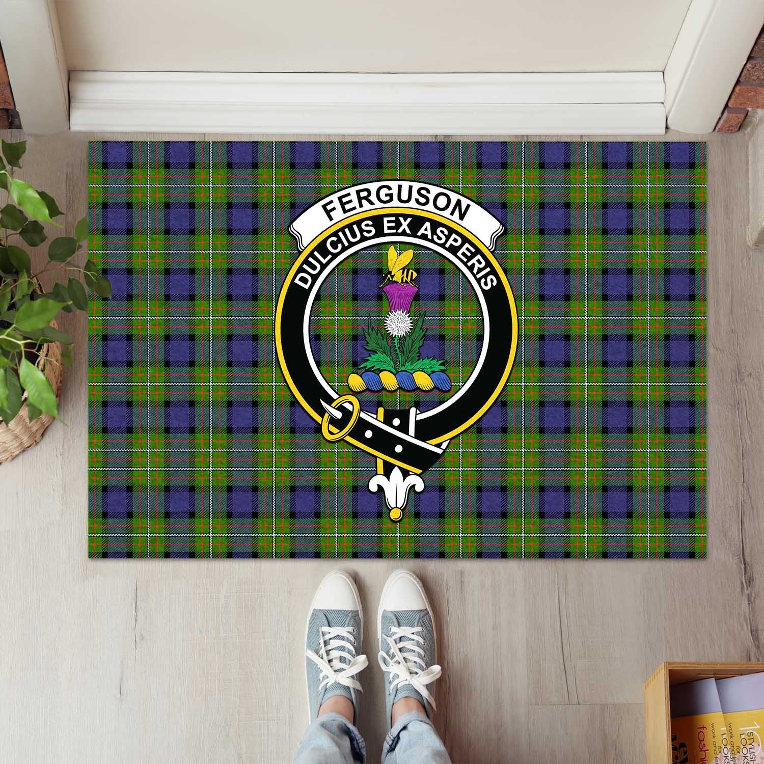 Ferguson Modern Tartan Door Mat with Family Crest - Tartanvibesclothing