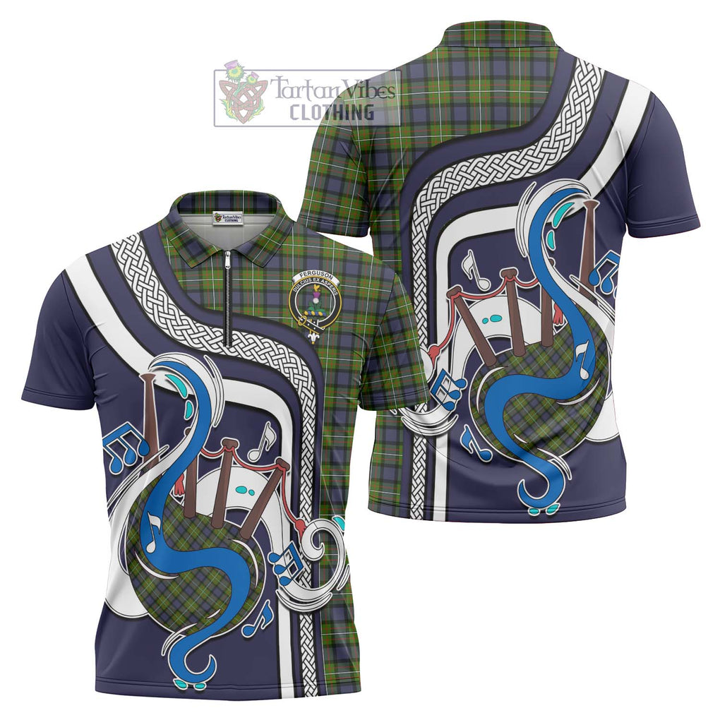 Ferguson Modern Tartan Zipper Polo Shirt with Epic Bagpipe Style Unisex - Tartanvibesclothing Shop