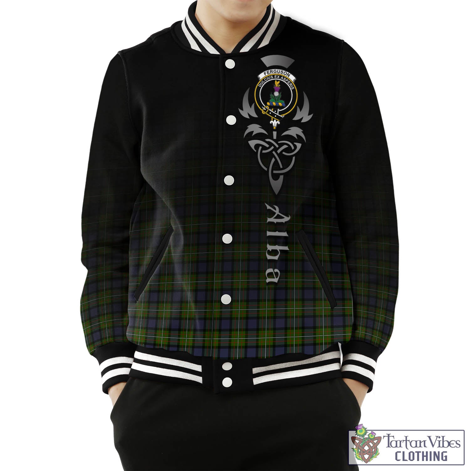 Tartan Vibes Clothing Ferguson Modern Tartan Baseball Jacket Featuring Alba Gu Brath Family Crest Celtic Inspired