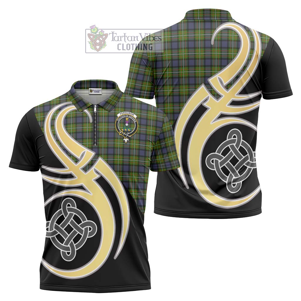 Tartan Vibes Clothing Ferguson Modern Tartan Zipper Polo Shirt with Family Crest and Celtic Symbol Style