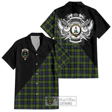 Ferguson Modern Tartan Short Sleeve Button Shirt with Family Crest and Military Logo Style